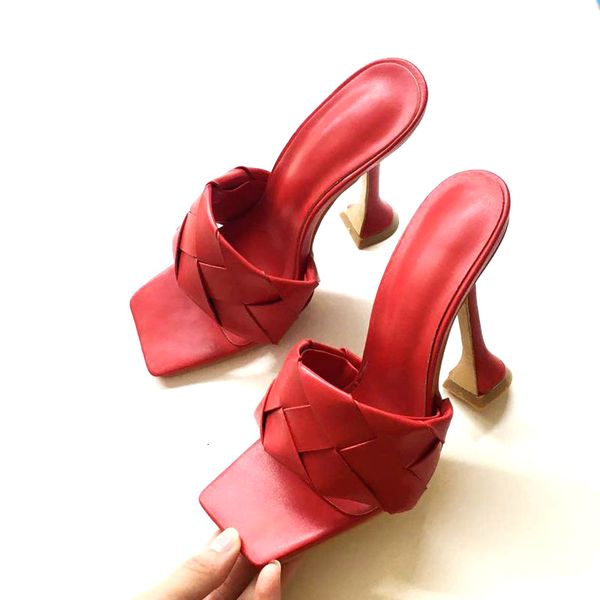 

sandals fashion weave design shoes woman slippers 2021 summer square toe high heels women dress party size 42 ij37, Black