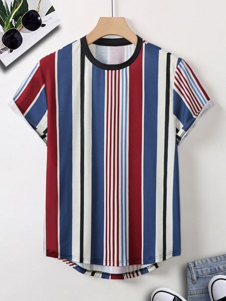 

men random block striped high low hem tee g6y8#, White;black