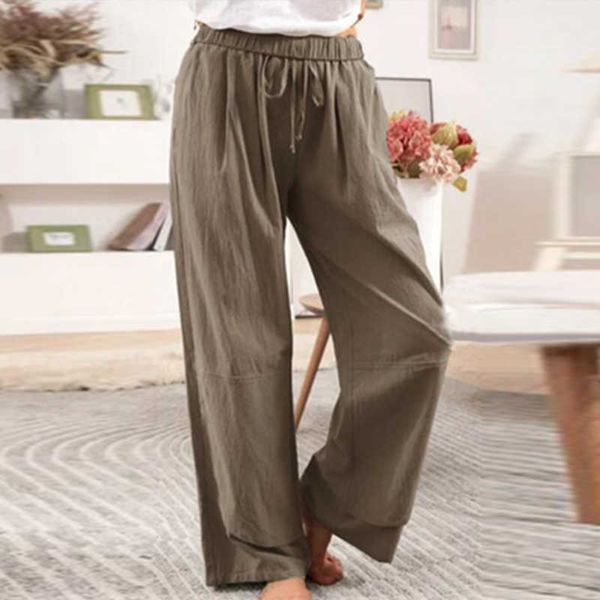 Женщины повседневные хлопчатобумажные белье широкие ноги брюки лета ленты старинные дамы свободные брюки плюс размер ретро литературные хлопковые брюки 210709