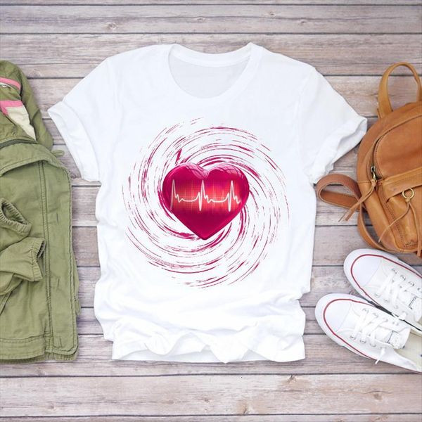 

90s cartoon heartbeat love womens cute short sleeve clothes ladies graphic female tee, White
