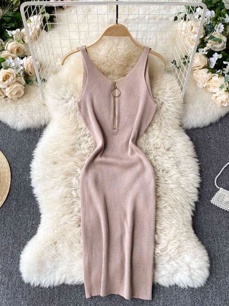 

summer ring zipper knit tight dress women v-neck black knee-length tank versatile foundation clothing 210513, Black;gray