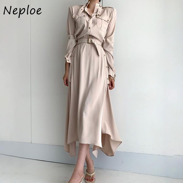 

neploe chic drawstring slim waist split dress women elegant double pockets high dresses 2021 vintage a-line vestidos casual, Black;gray
