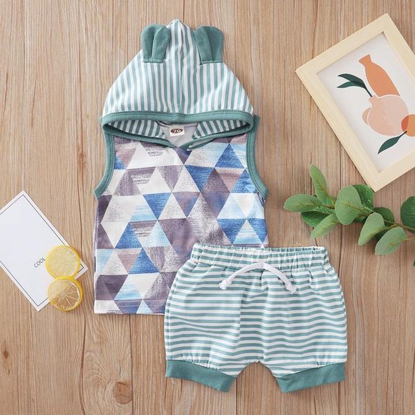 

2pcs infant valentine's day baby boy girl comfortable cotton sleeveless geometry print cartoon ears hoodie +shorts sports clothing sets, White