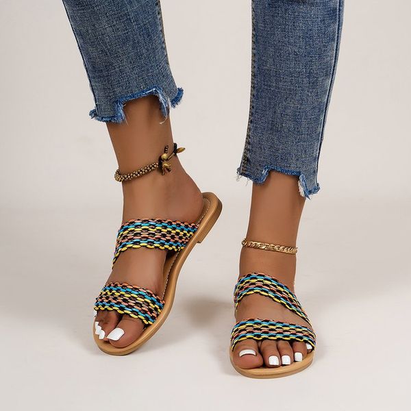 

2021 summer cross-border new flat-bottom hollow color casual sandals foreign trade low-heeled women's shoes, Black