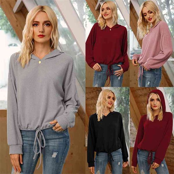 Herbst Langarm Einfarbig Mit Kapuze Gestrickte Spirale Hoodies Top Kurze Kordelzug Mode Lässig Temperament Pullover 210522