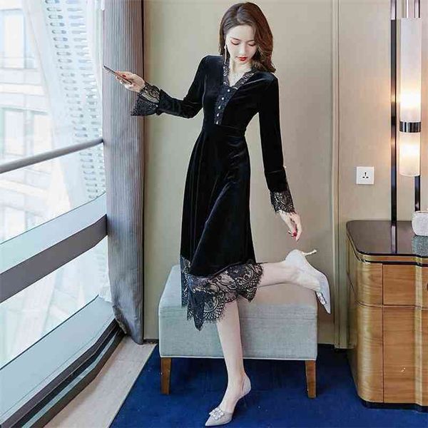 

early autumn long-sleeved dress with high waist temperament and sheath office lady lace polyester 210603, Black;gray
