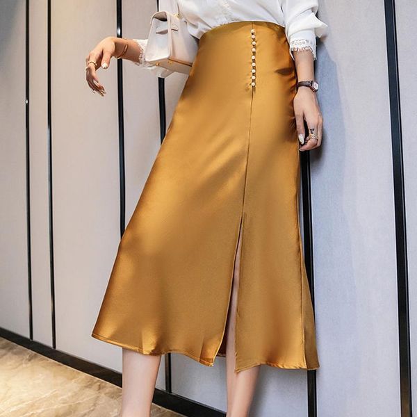 

skirts limiguyue summer high waist single breasted women satin skirt elegant split pearl buttons luxury solid faldas femme k564, Black