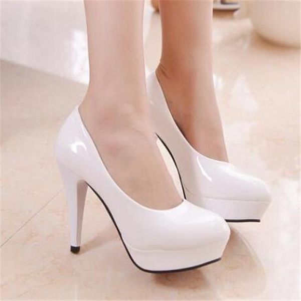 

women pumps fashion classic patent leather high heels shoes nude sharp head paltform wedding dress plus size 34-42, Black