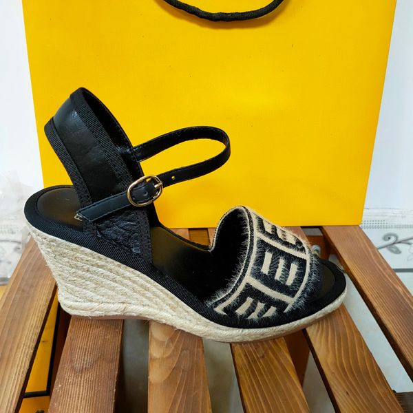 

designer knitting letters european women sandals platform classic straw wedge high heel fashion sandals sizes 34-41 with box genuine leather, Black