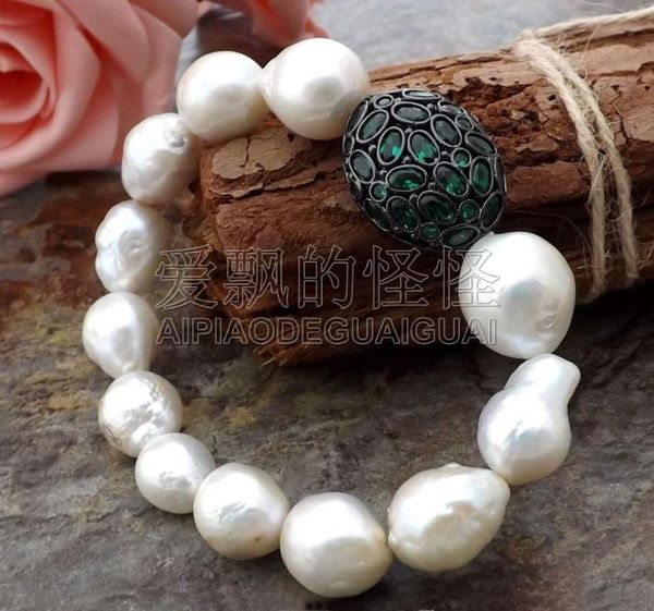

beaded, strands women's 14x16mm white keshi pearl cz beads bracelet, Black