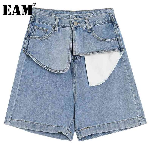 [EAM] Frauen Blau Asymmetrische Taschen Breites Bein Denim Shorts Hohe Taille Lose Hosen Mode Frühling Sommer 1DD8503 210512