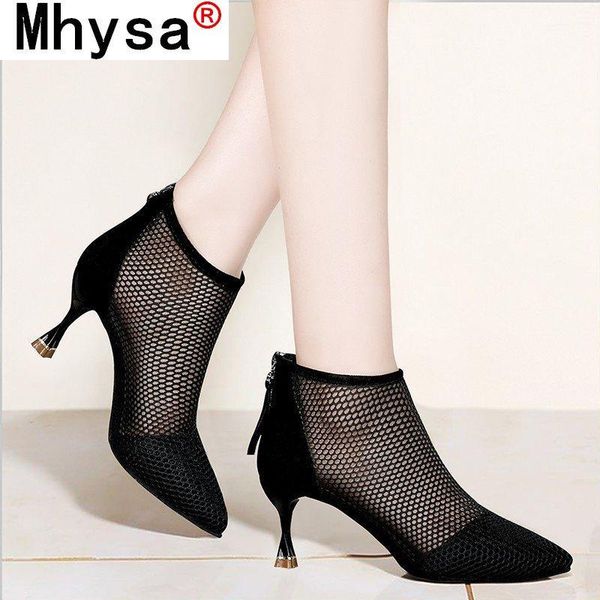 

summer women sandals fashion high heels pumps breathable mesh pointy toe zip short ankle zipper, Black