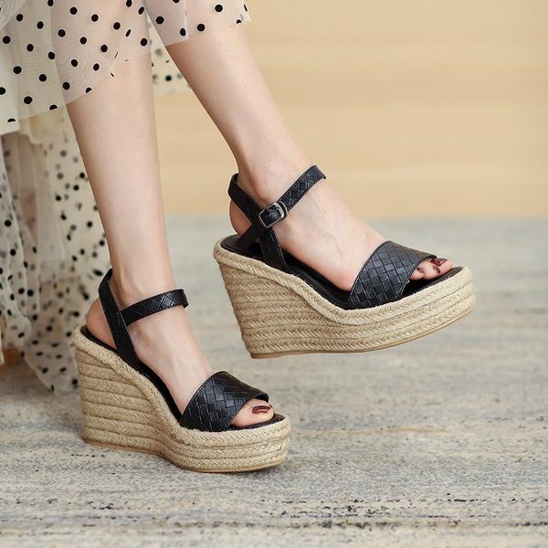 

sandals qzyerai genuine leather women platform wedges shoes heel for dresses12cm heels summer sale slip on wedge, Black