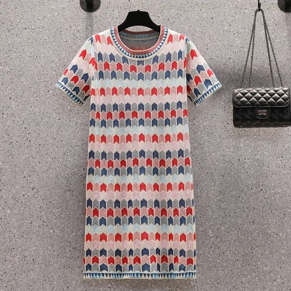 

summer women geometric print knitted dress korean elegant o-neck short sleeve casual mini dress 210518, Black;gray