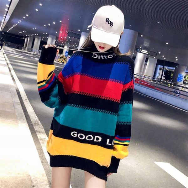 

women's sweaters autumn winter french style lazy rainbow stripe pullover women half high collar loose mid-length sweater0790, White;black