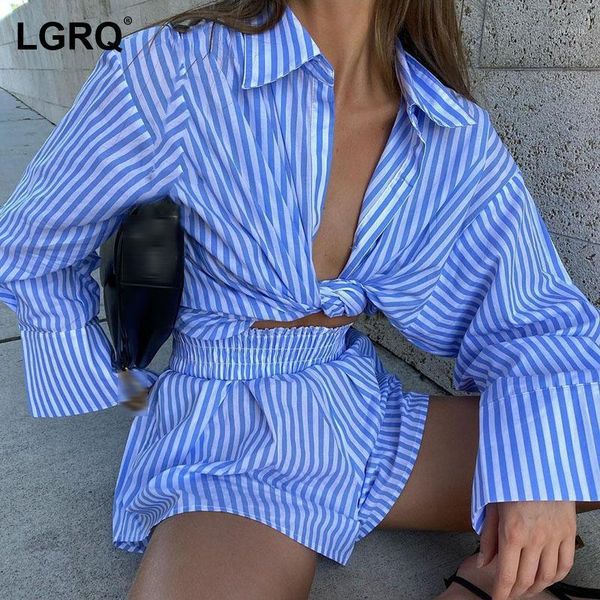 

[lgrq] wide leg blue striped shorts two piece suit round neck long sleeve fit women fashion tide spring summer 2021 19d1195 women's tra, Gray