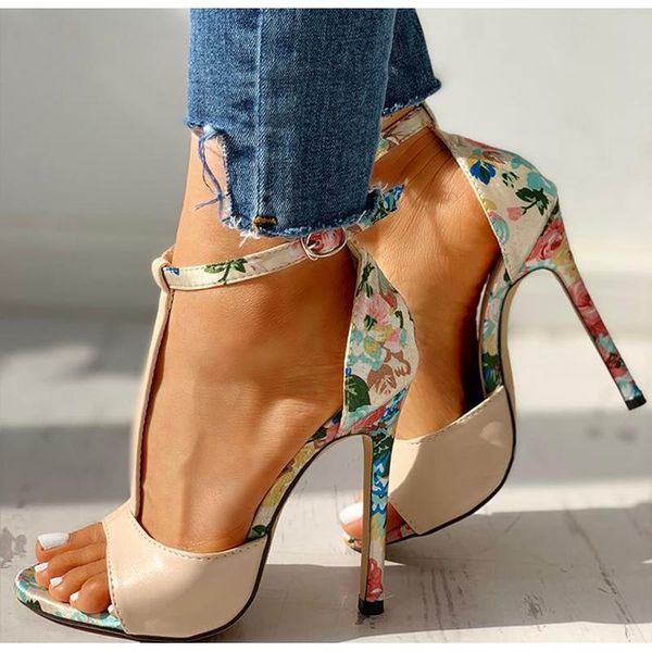 

women's flower print t-tied sandals ladies fashion two piece high heels female open toe footwear for party woman thin, Black