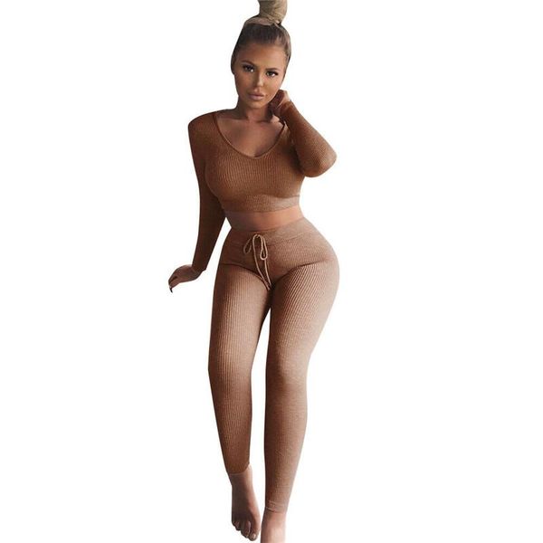 

two piece dress two-piece women solid club streetwear outfits long sleeve v-neck t shirt crop pants leggings fashion fall clothes f, White