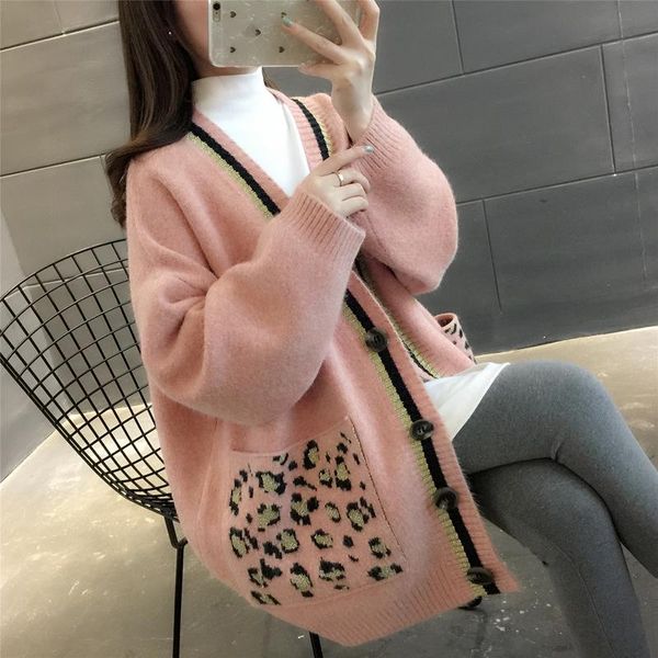 

women's knits & tees v-neck women cardigan leopard print pocket loose knit woman sweater pink jacket spring and autumn, White