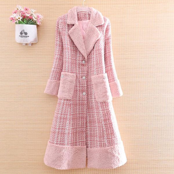 

women's wool & blends fashion women thick trench coat winter tweed big pocket elegant lady loose s, Black