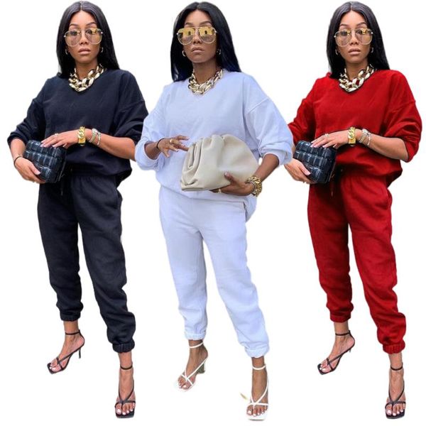 

women's two piece pants pure color round neck hood stitching two-piece suit autumn product long-sleeved trousers ladies sports, White