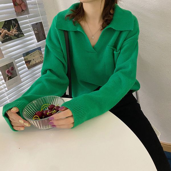 

women's sweaters 21 autumn winter polo pullover orange green sweater women loose turn down collar outerwear soft solid knit 1p, White;black
