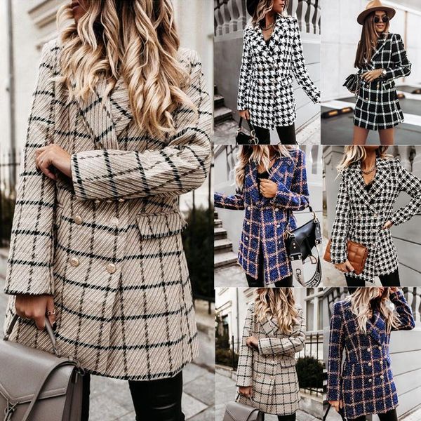 

women's woolen coat fashion loose plaid jacket spring autumn suit collar double row button tweed woollen overcoat wool & blends, Black