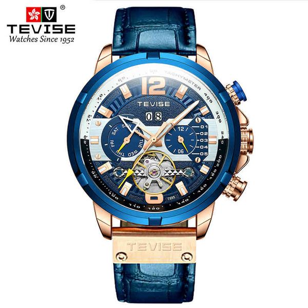 

tevise t885f mannen mechanische horloge datum week maand lichtgevende handen vliegwiel merk waterdichte mannelijke klok, Slivery;brown