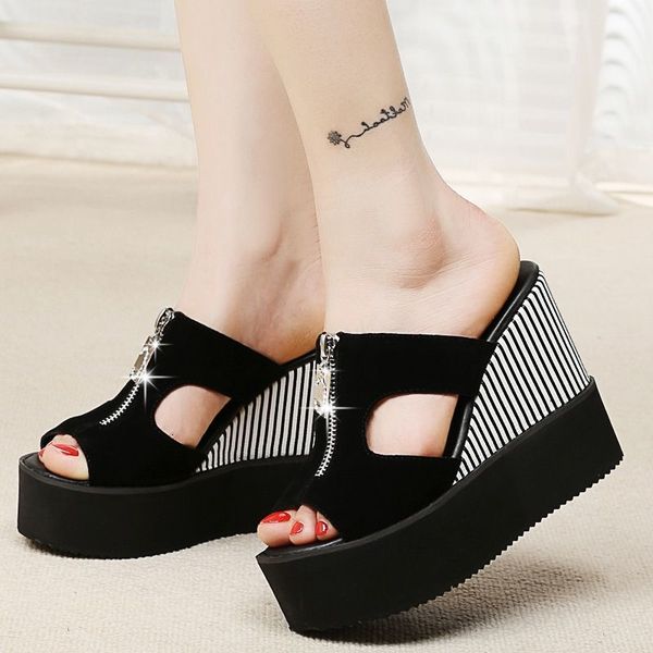 

dress shoes wedge sandals women summer elegant high platform slippers sandalias mujer solid heels wedge fwpx, Black