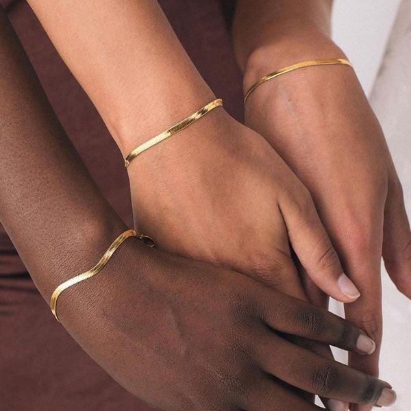 Elo, Corrente Vintage Aço Inoxidável Banhado a Ouro 18k Cobra Plana Pulseiras Bangles Para Mulheres Acessórios Espinha de Peixe Jóias Presente