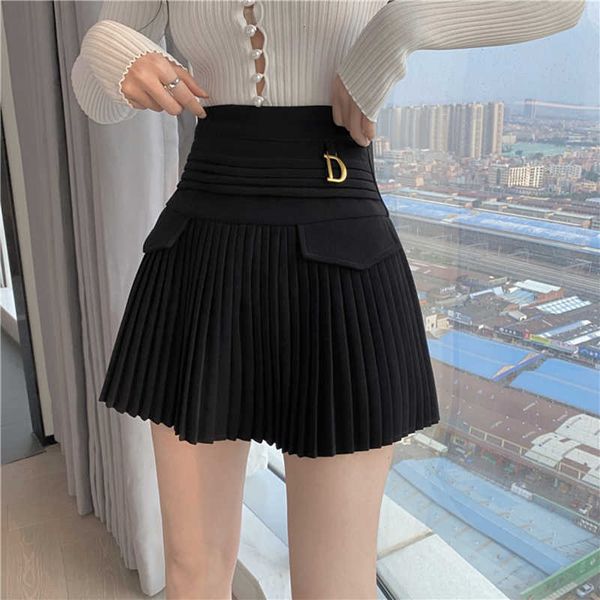 

skirts black pleated women high waist mini skirt metal letter d design a-line clubwear korean streetwear show casual z325 87q