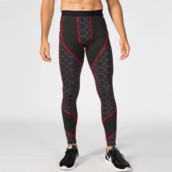

printed lines check sport pants men's tight sports basketball training stretch leggings running jogging fitness, Black;blue