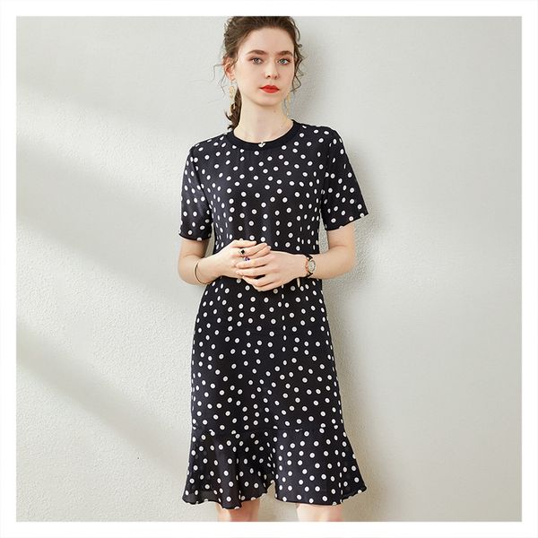 

dress short-sleeved dot prints ruffled silk fishtail skirt mid-length 2021 fashion style, Black;gray