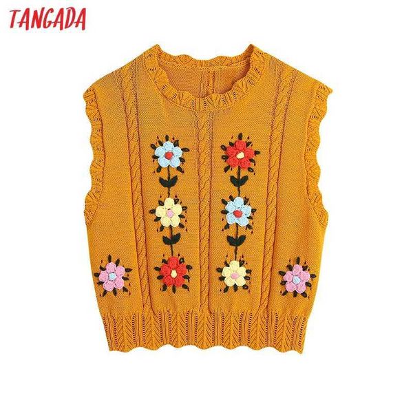 

tangada women fashion floral embroidery cropped knit vest sweater vintage sleeveless female waistcoat chic be100 210609, White