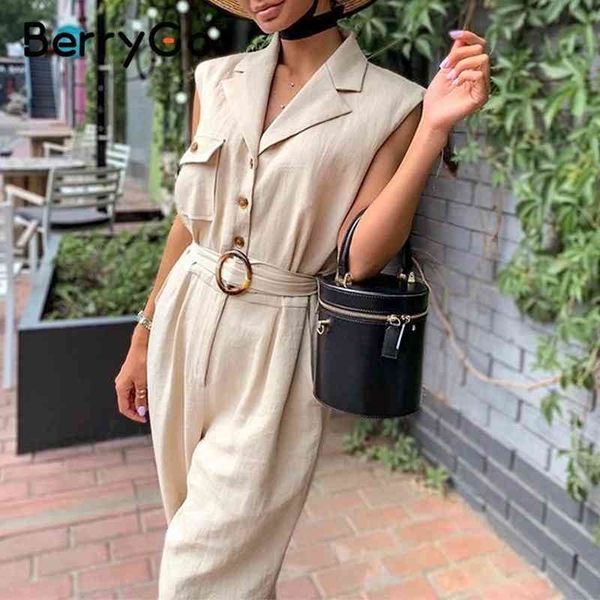 

berrygo vintage sash belt solid women jumpsuit v neck sleeveless female jumpsuit romper turn down collar wide leg overall spring 210326, Black;white