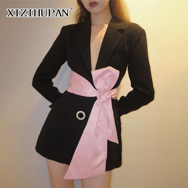 

women's suits & blazers xizihupan colorblock lace up bowknot coat notched long sleeve open back loose female blazer 2021 fashion clothi, White;black