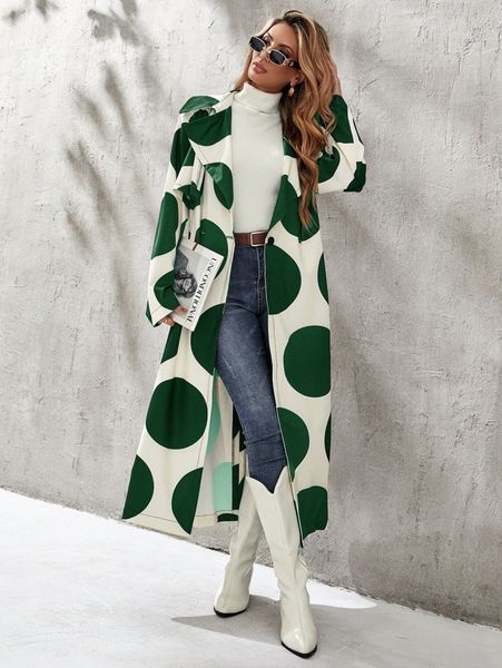 

polka dot lapel neck belted trench coat m2mp#, Tan;black