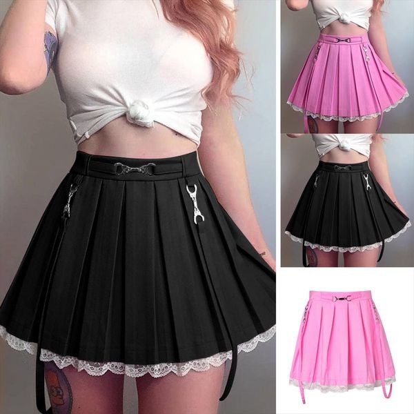 

s xl plaid summer womens skirt high waist stitching student pleated cute sweet girls dance mini, Black