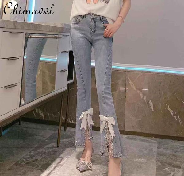 

spring 2021 bow embroidered flares denim jeans high waist slimming elegant trousers cropped pants women's bottom, Blue