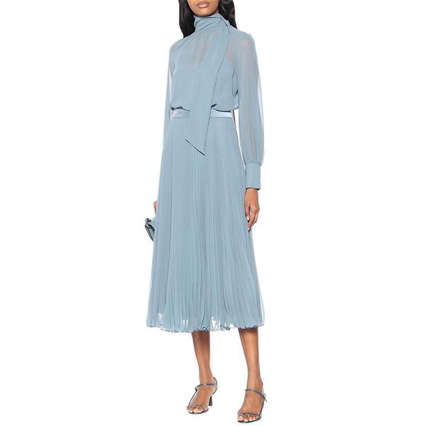 

casual dresses autumn vintage blue chiffon long for women 2021 elegant bow sleeve draped pleated maxi dress runway vestidos, Black;gray