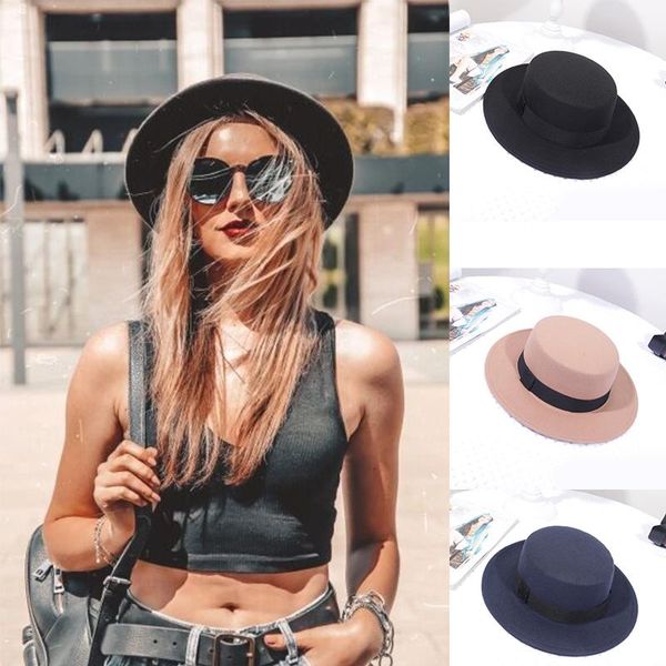 

stingy brim hats autumn winter wool boater flat hat for women's felt wide fedora jazz cap classic bowler gambler, Blue;gray