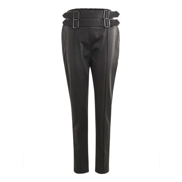 

stretchy leggings trendy womens capri high waist solid color skinny trousers with buckle belts, Black;white