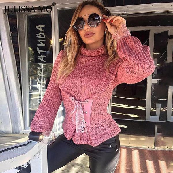 

women's sweaters julissa mo fall winter knitted turtleneck women lace long sleeve slim pullovers elegant femme pink streetwear 2021, White;black