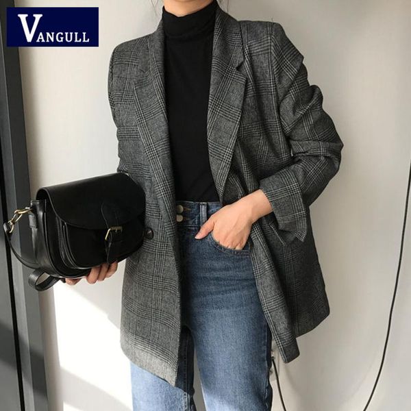 

vangull vintage plaid double breasted blazers women's spring autumn loose long sleeve female suit coat casual jacket outwear suits &, White;black