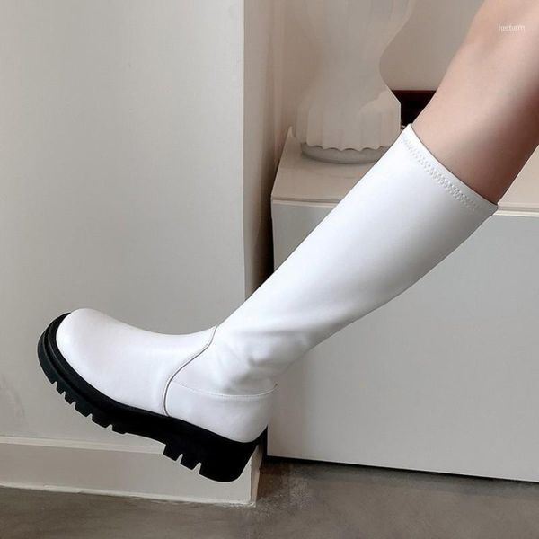 

boots chunky platform genuine leather side zip 2021 fashion knee high boot female square heels round toe winter women boots11, Black