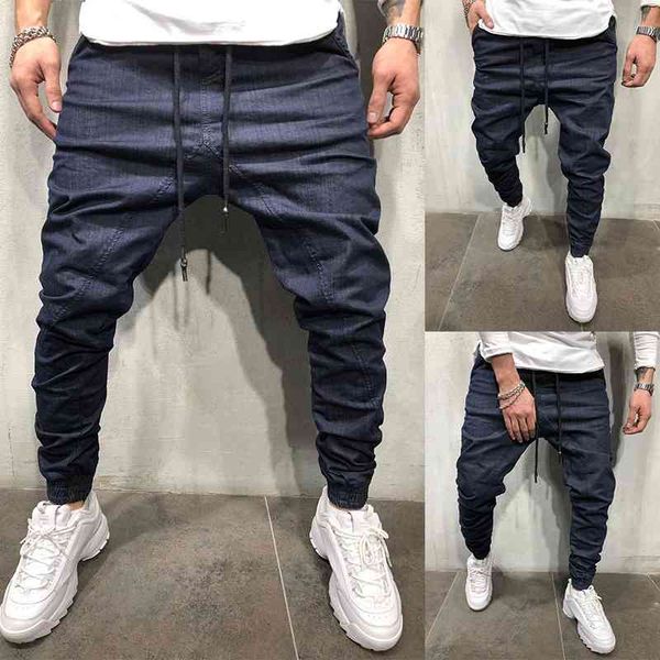 

men's casual sports solid color elastic legged jeans men's pants, Blue