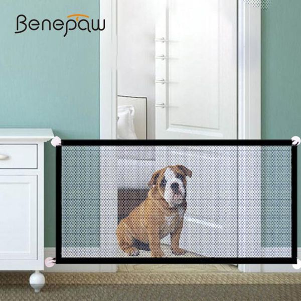 

kennels & pens benepaw portable folding mesh dog gate durable retractable pole isolated safety fence pet puppy indoor outdoor easy to instal