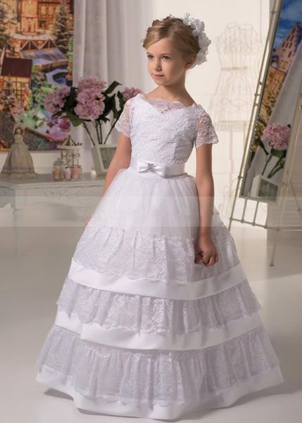 

girl's dresses white flower girl for weddings kid party ceremony gown short sleeves tulle lace first communion, Red;yellow