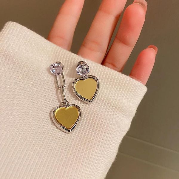 

stud korean geometric asymmetric crystal mirror love heart pendant earrings simple metal temperament ladies jewelry 2022 trend, Golden;silver