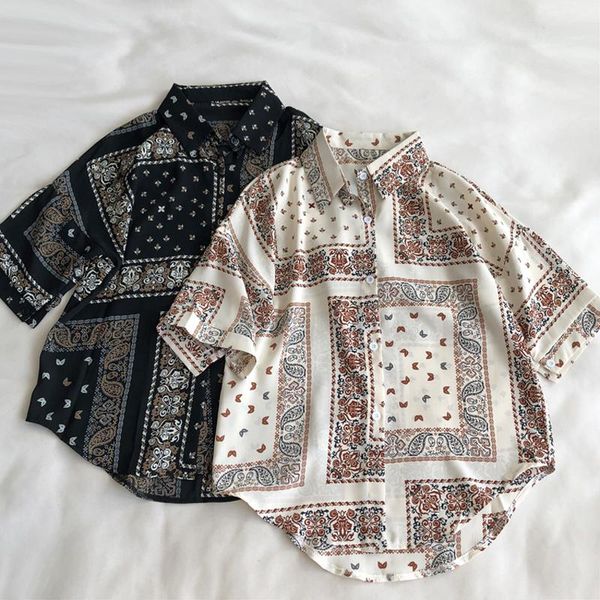 

women's blouses & shirts summer casual printed lapel short-sleeved shirt, White